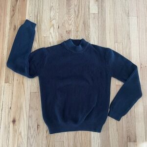 Ribbed Knit Mock Neck Sweater Blue Minimalist Pullover thick knit Medium